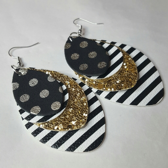 Polka Dot Glitter Stripe Faux Leather Earrings - Picture 2 of 4